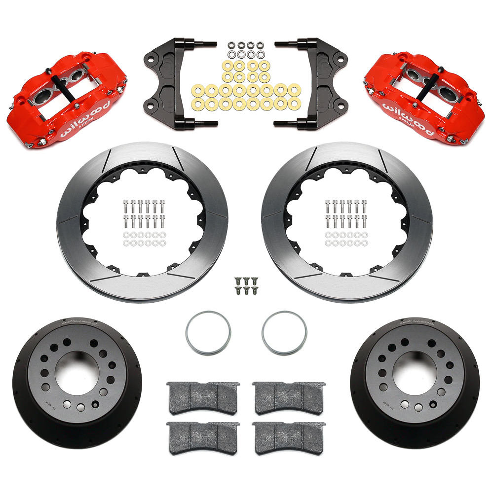 Wilwood Forged Narrow Superlite 6R Big Brake Front Brake Kit (Hat) Parts Laid Out - Red Powder Coat Caliper - GT Slotted Rotor