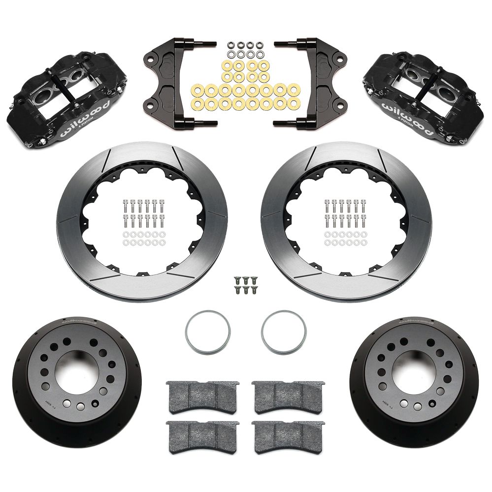 Wilwood Forged Narrow Superlite 6R Big Brake Front Brake Kit (Hat) Parts Laid Out - Black Powder Coat Caliper - GT Slotted Rotor