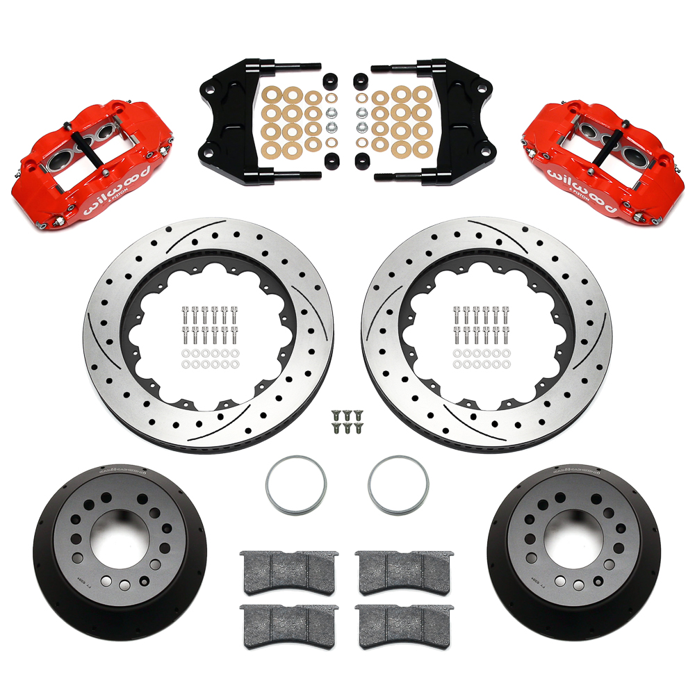 Wilwood Forged Narrow Superlite 6R Big Brake Front Brake Kit (Hat) Parts Laid Out - Red Powder Coat Caliper - SRP Drilled & Slotted Rotor