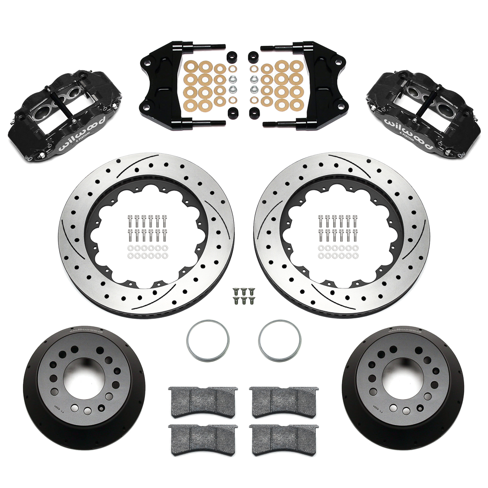 Wilwood Forged Narrow Superlite 6R Big Brake Front Brake Kit (Hat) Parts Laid Out - Black Powder Coat Caliper - SRP Drilled & Slotted Rotor