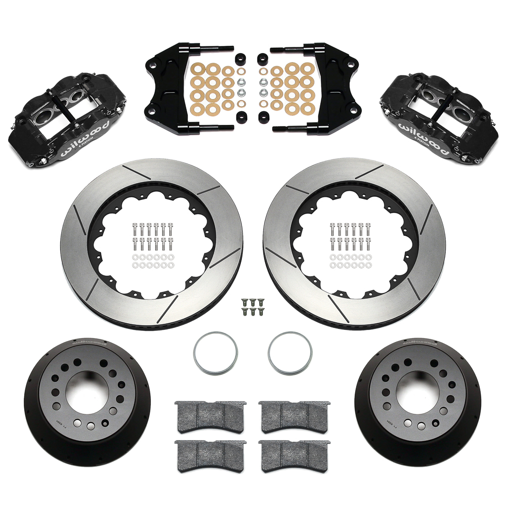Wilwood Forged Narrow Superlite 6R Big Brake Front Brake Kit (Hat) Parts Laid Out - Black Powder Coat Caliper - GT Slotted Rotor