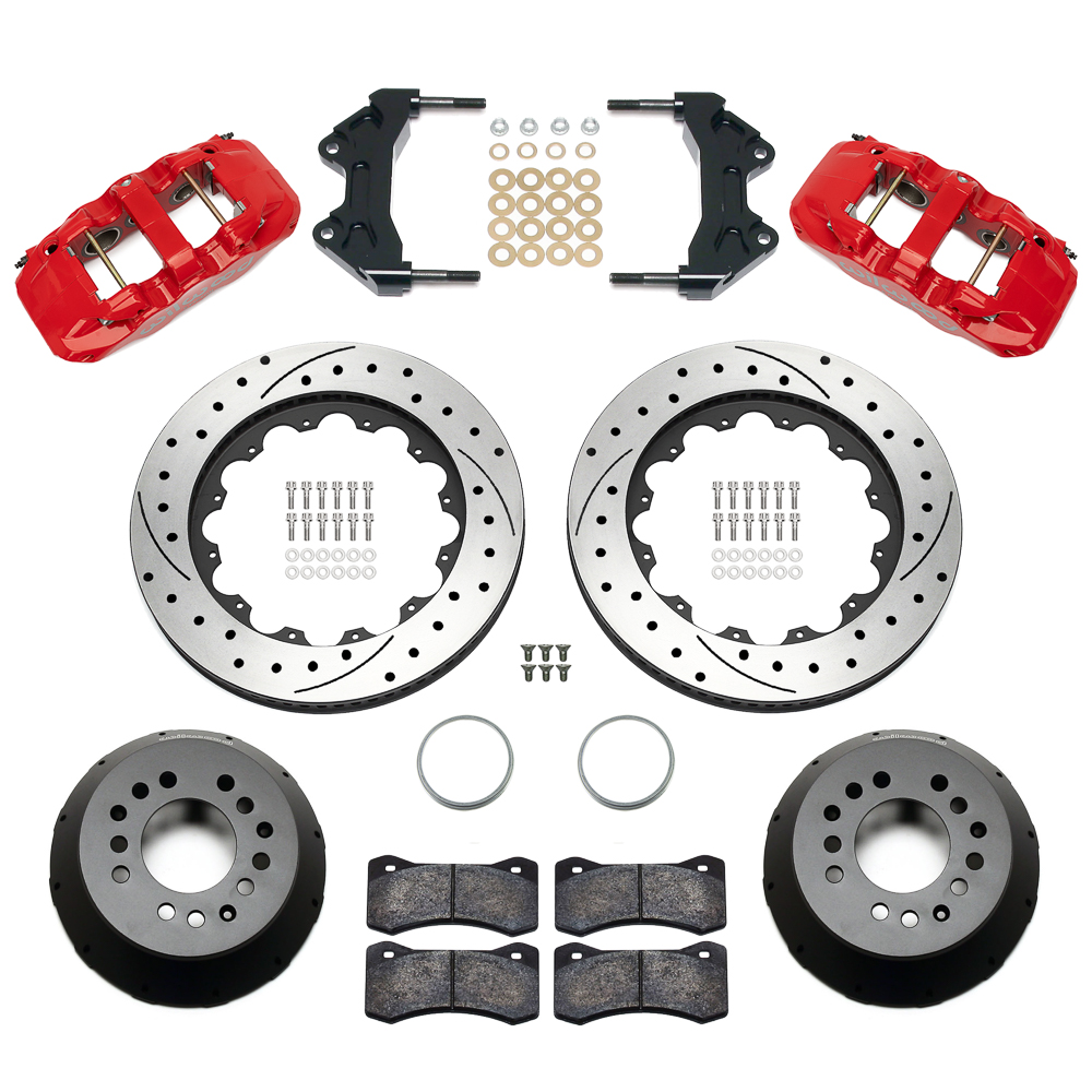 Wilwood AERO6 Big Brake Front Brake Kit Parts Laid Out - Red Powder Coat Caliper - SRP Drilled & Slotted Rotor