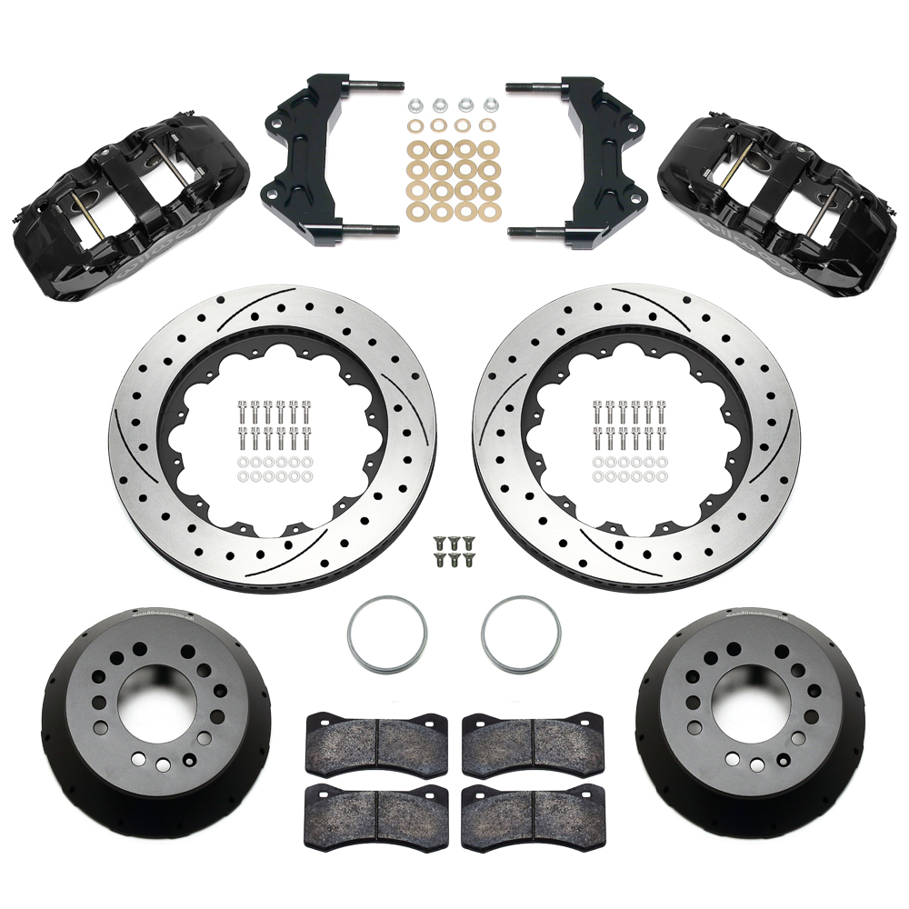 Wilwood AERO6 Big Brake Front Brake Kit Parts Laid Out - Black Powder Coat Caliper - SRP Drilled & Slotted Rotor