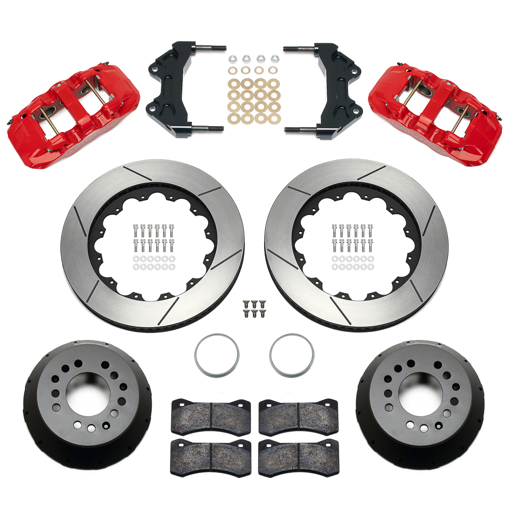 Wilwood AERO6 Big Brake Front Brake Kit Parts Laid Out - Red Powder Coat Caliper - GT Slotted Rotor