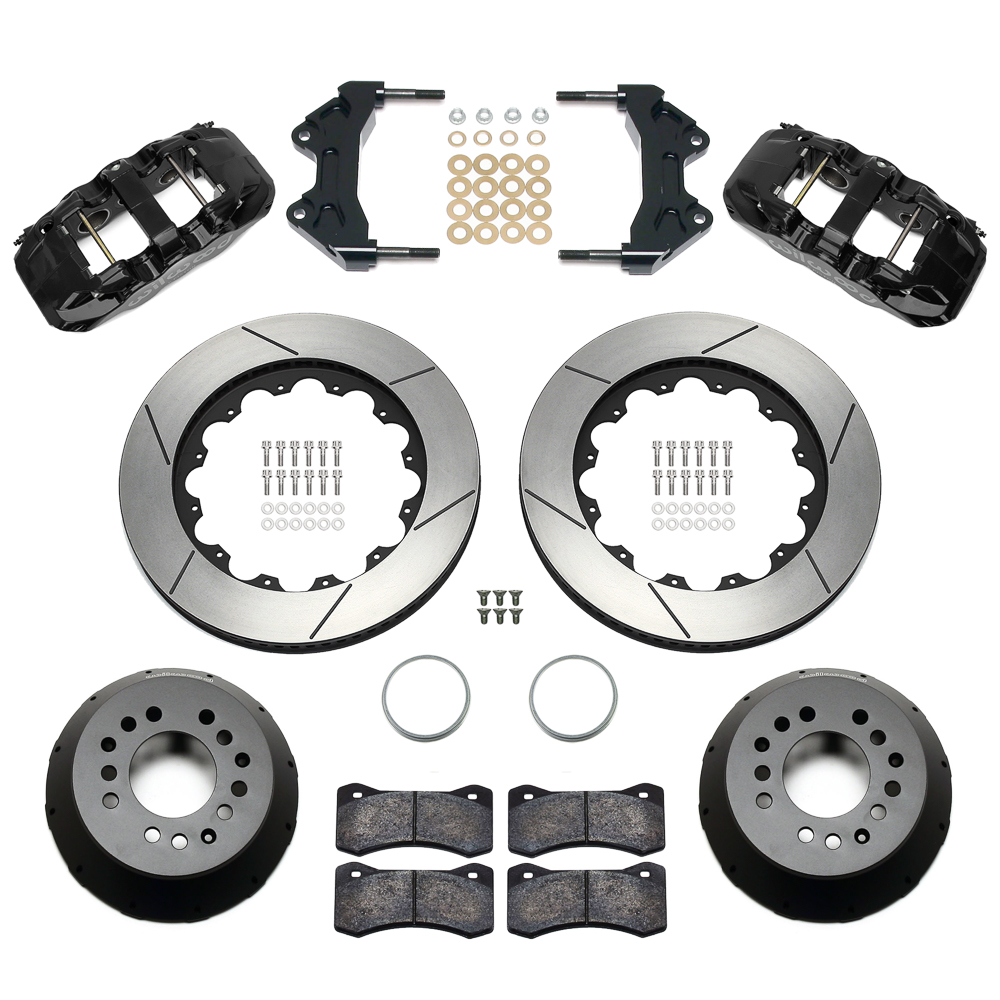 Wilwood AERO6 Big Brake Front Brake Kit Parts Laid Out - Black Powder Coat Caliper - GT Slotted Rotor