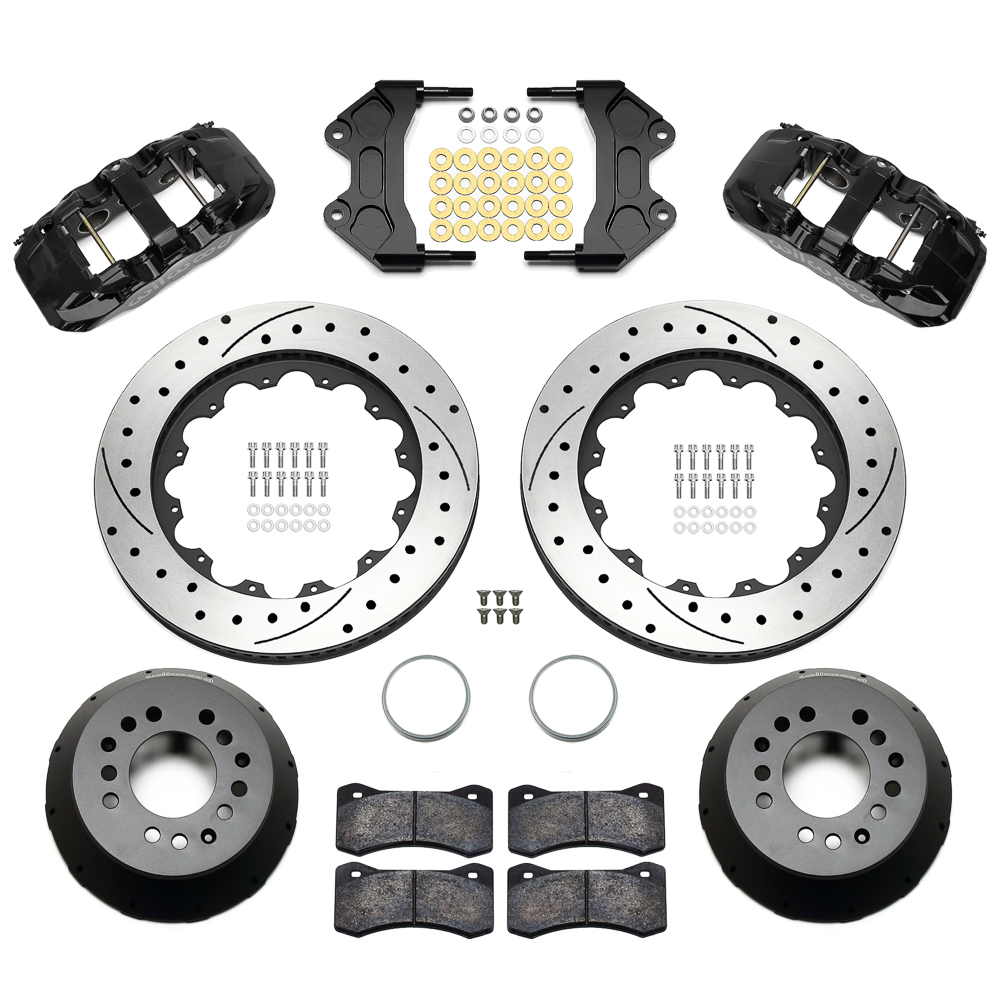 Wilwood AERO6 Big Brake Front Brake Kit Parts Laid Out - Black Powder Coat Caliper - SRP Drilled & Slotted Rotor