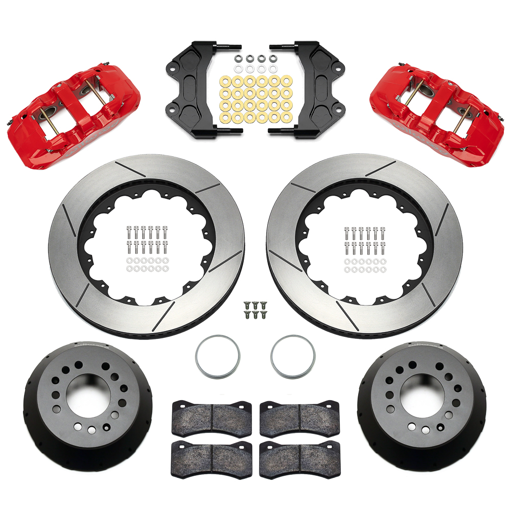 Wilwood AERO6 Big Brake Front Brake Kit Parts Laid Out - Red Powder Coat Caliper - GT Slotted Rotor