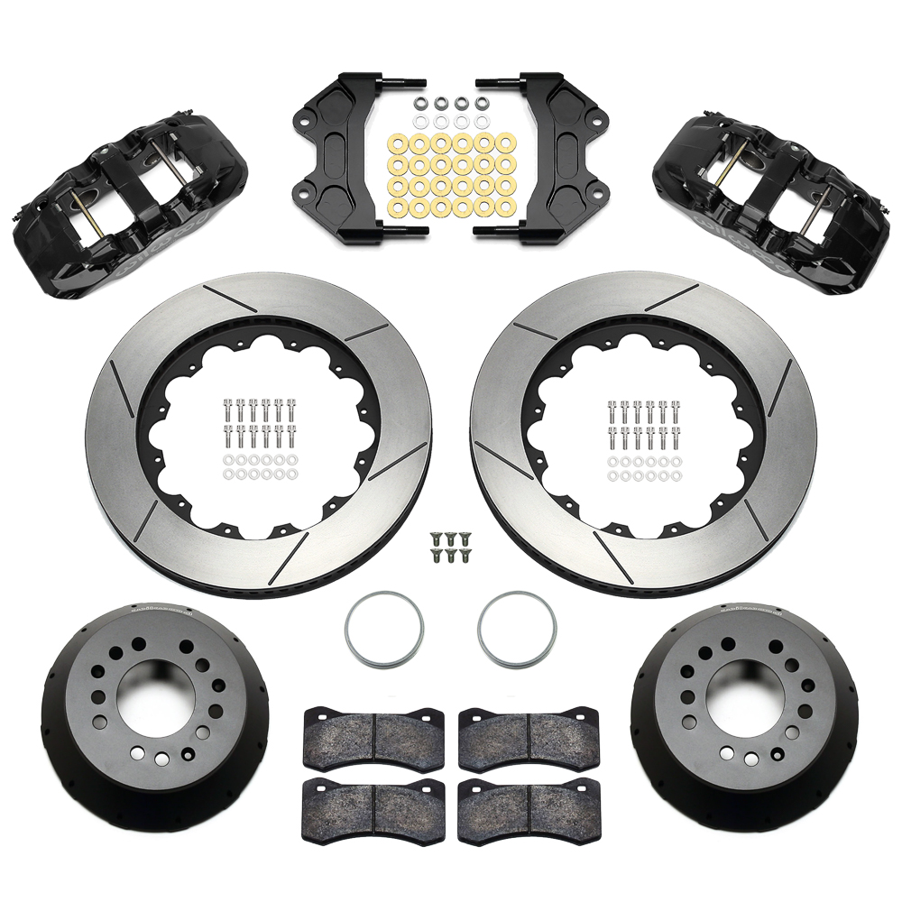 Wilwood AERO6 Big Brake Front Brake Kit Parts Laid Out - Black Powder Coat Caliper - GT Slotted Rotor