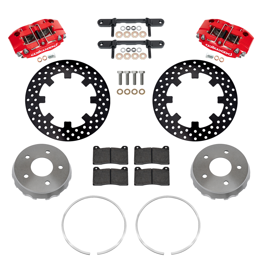 Wilwood NDPR Front UTV Brake Kit Parts Laid Out - Red Powder Coat Caliper - Drilled Rotor