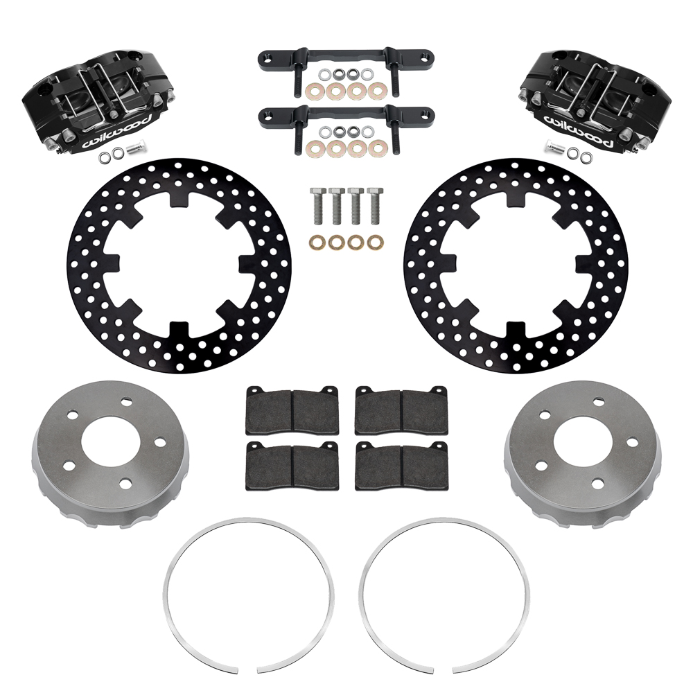 Wilwood NDPR Front UTV Brake Kit Parts Laid Out - Black Powder Coat Caliper - Drilled Rotor