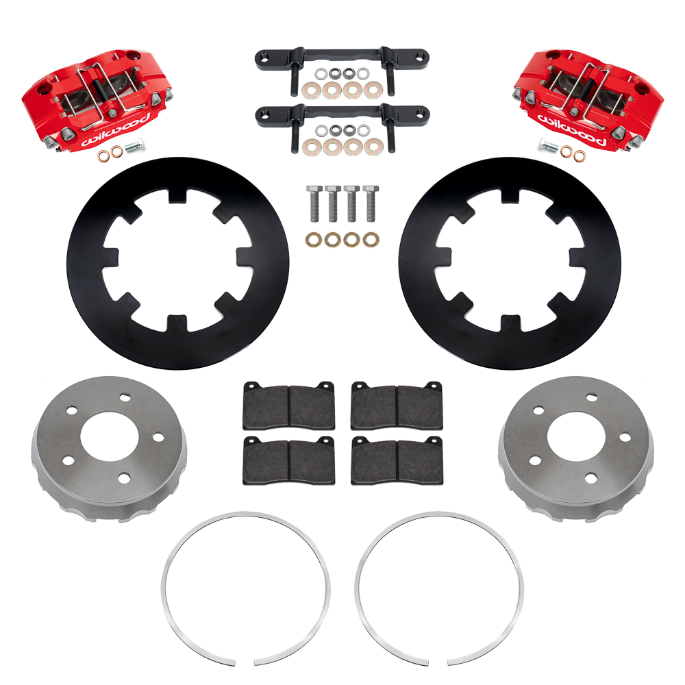 Wilwood NDPR Front UTV Brake Kit Parts Laid Out - Red Powder Coat Caliper - Plain Face Rotor