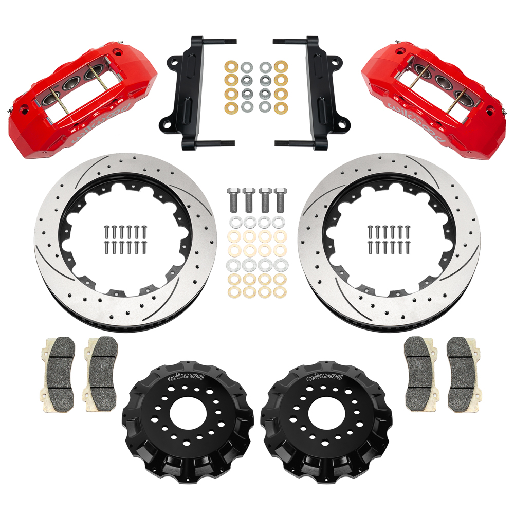 Wilwood TX6R Big Brake Truck Front Brake Kit Parts Laid Out - Red Powder Coat Caliper - SRP Drilled & Slotted Rotor