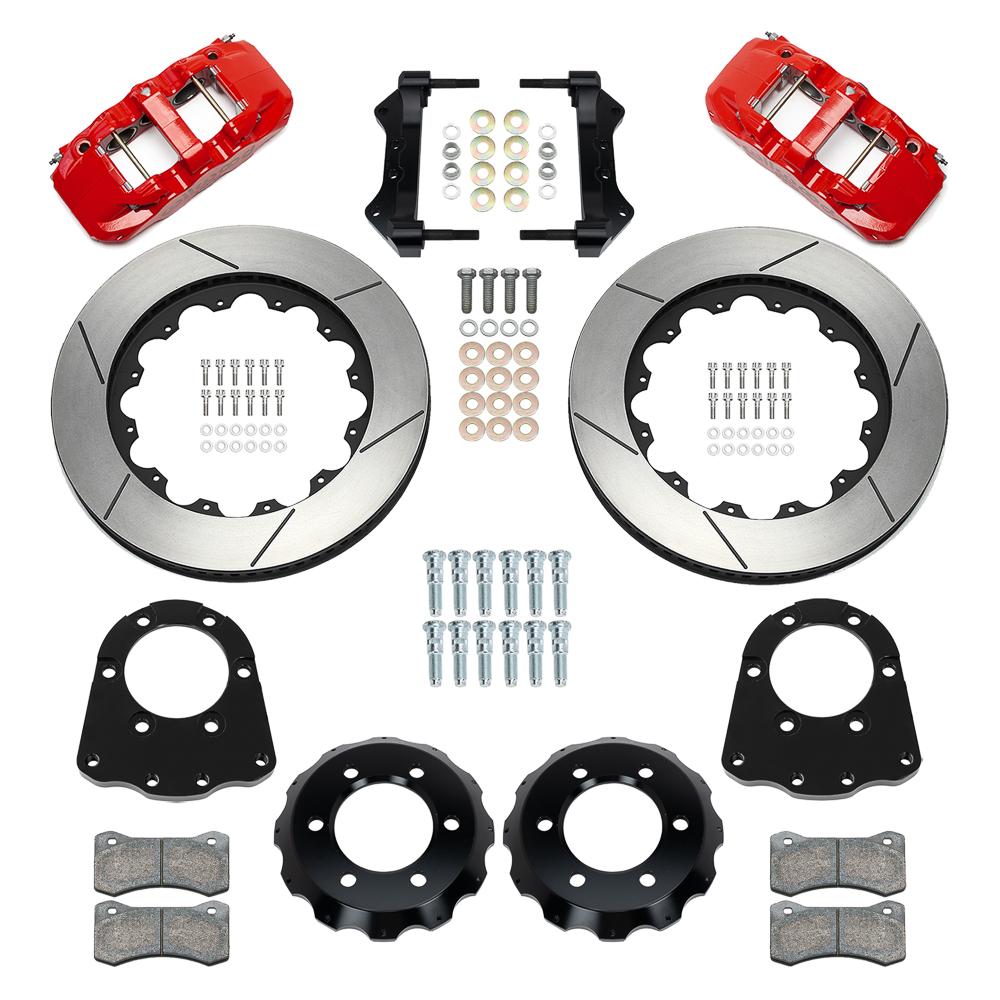 Wilwood AERO6 Big Brake Front Brake Kit Parts Laid Out - Red Powder Coat Caliper - GT Slotted Rotor