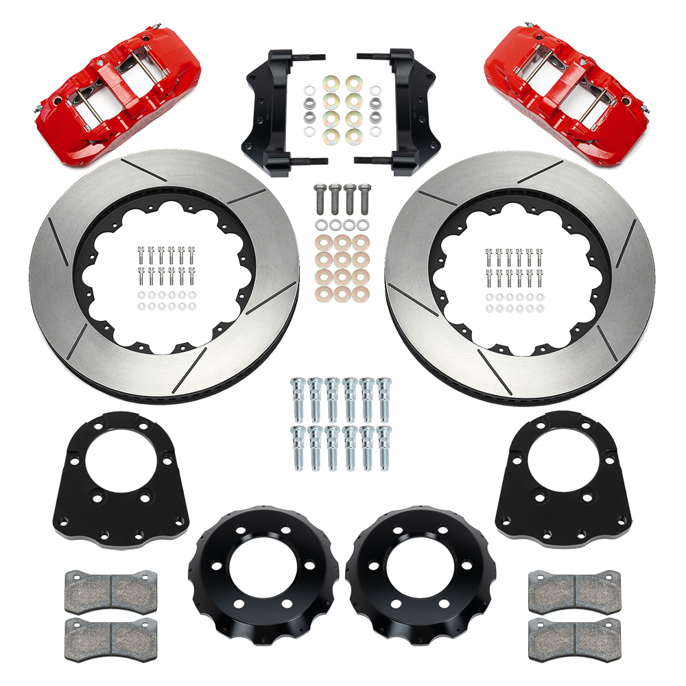 Wilwood AERO6 Big Brake Front Brake Kit Parts Laid Out - Red Powder Coat Caliper - GT Slotted Rotor