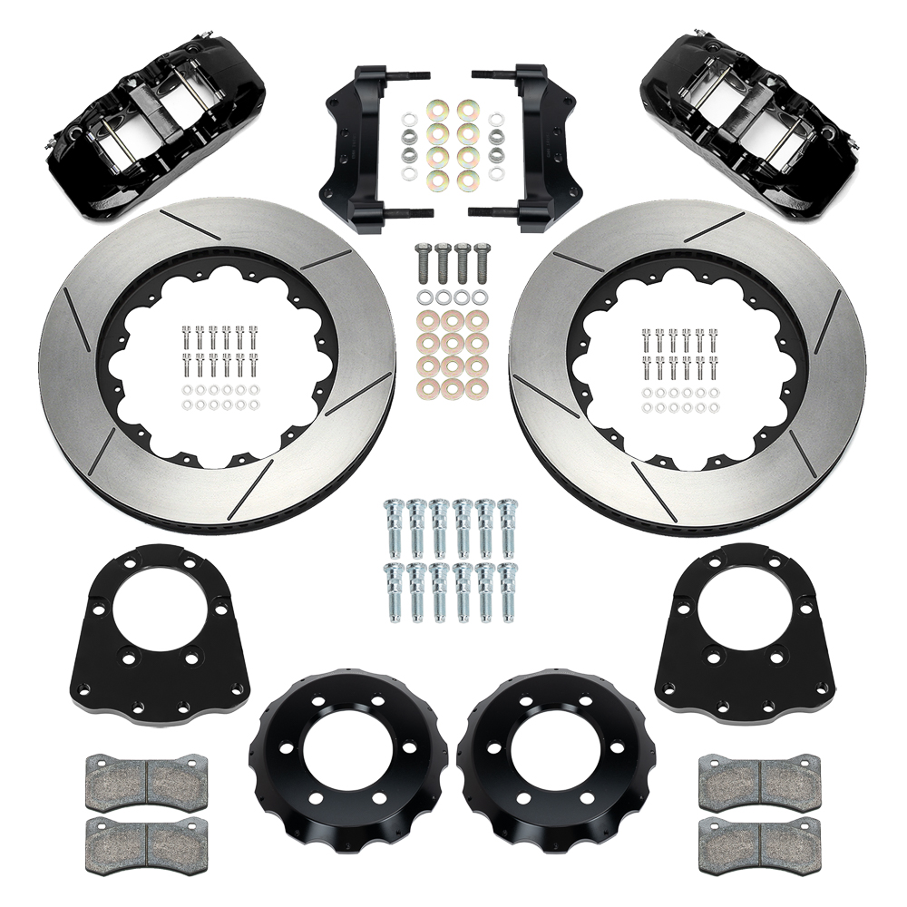 Wilwood AERO6 Big Brake Front Brake Kit Parts Laid Out - Black Powder Coat Caliper - GT Slotted Rotor