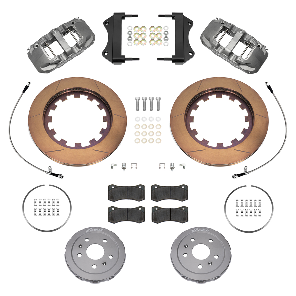 Wilwood AERO6 Big Brake Lug Drive Front Brake Kit (Race) Parts Laid Out - Type III Anodize Caliper - GT Slotted Rotor
