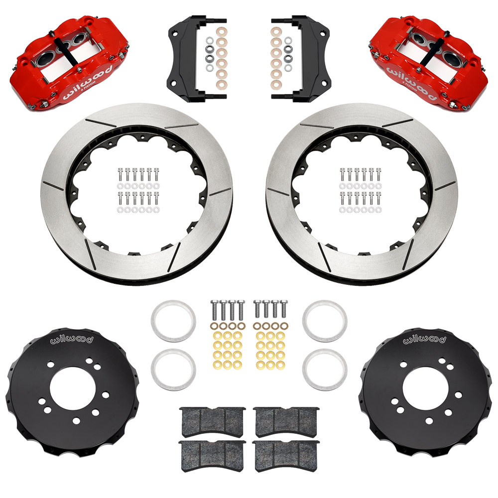 Wilwood Forged Narrow Superlite 6R Big Brake Front Brake Kit (Hat) Parts Laid Out - Red Powder Coat Caliper - GT Slotted Rotor