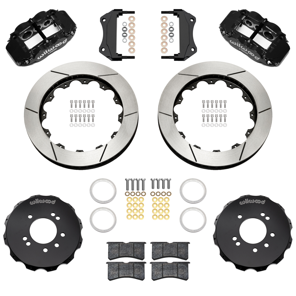 Wilwood Forged Narrow Superlite 6R Big Brake Front Brake Kit (Hat) Parts Laid Out - Black Powder Coat Caliper - GT Slotted Rotor