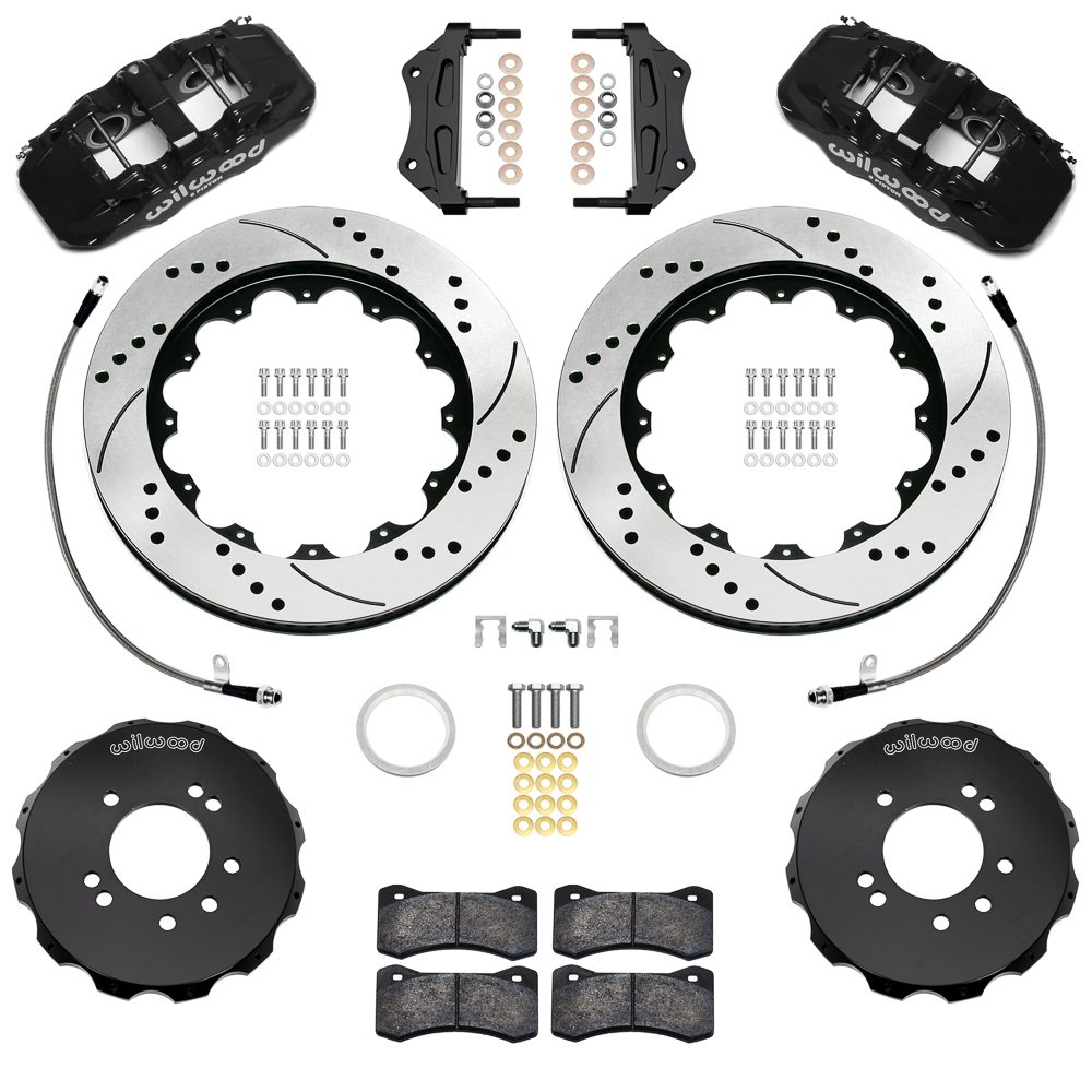 Wilwood AERO6 Big Brake Front Brake Kit Parts Laid Out - Black Powder Coat Caliper - SRP Drilled & Slotted Rotor