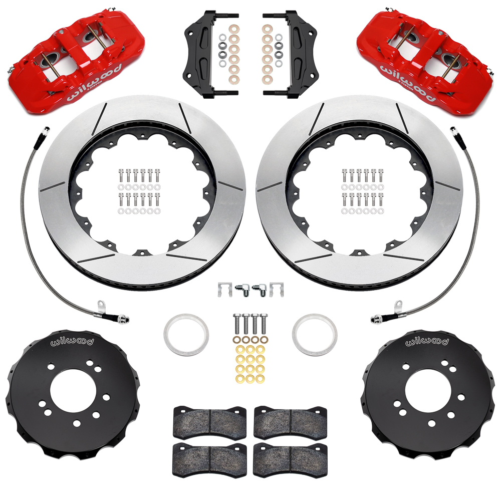 Wilwood AERO6 Big Brake Front Brake Kit Parts Laid Out - Red Powder Coat Caliper - GT Slotted Rotor