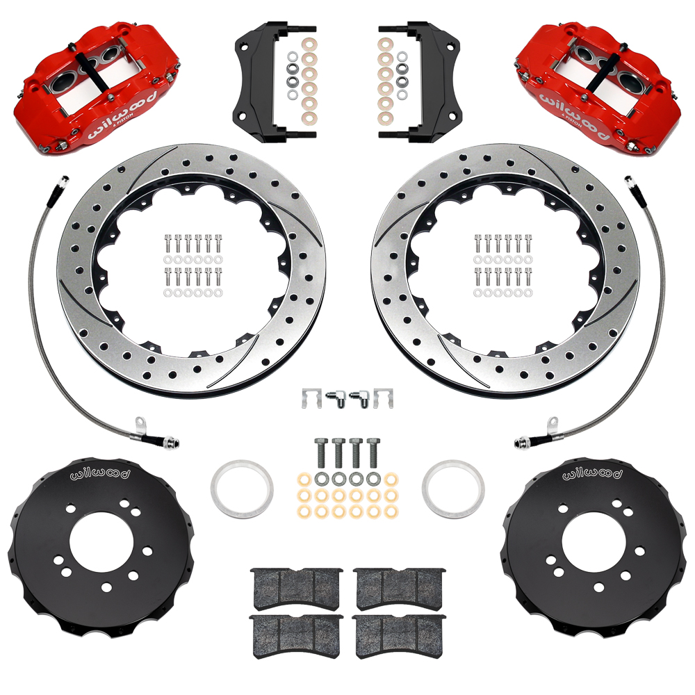Wilwood Forged Narrow Superlite 6R Big Brake Front Brake Kit (Hat) Parts Laid Out - Red Powder Coat Caliper - GT Slotted Rotor