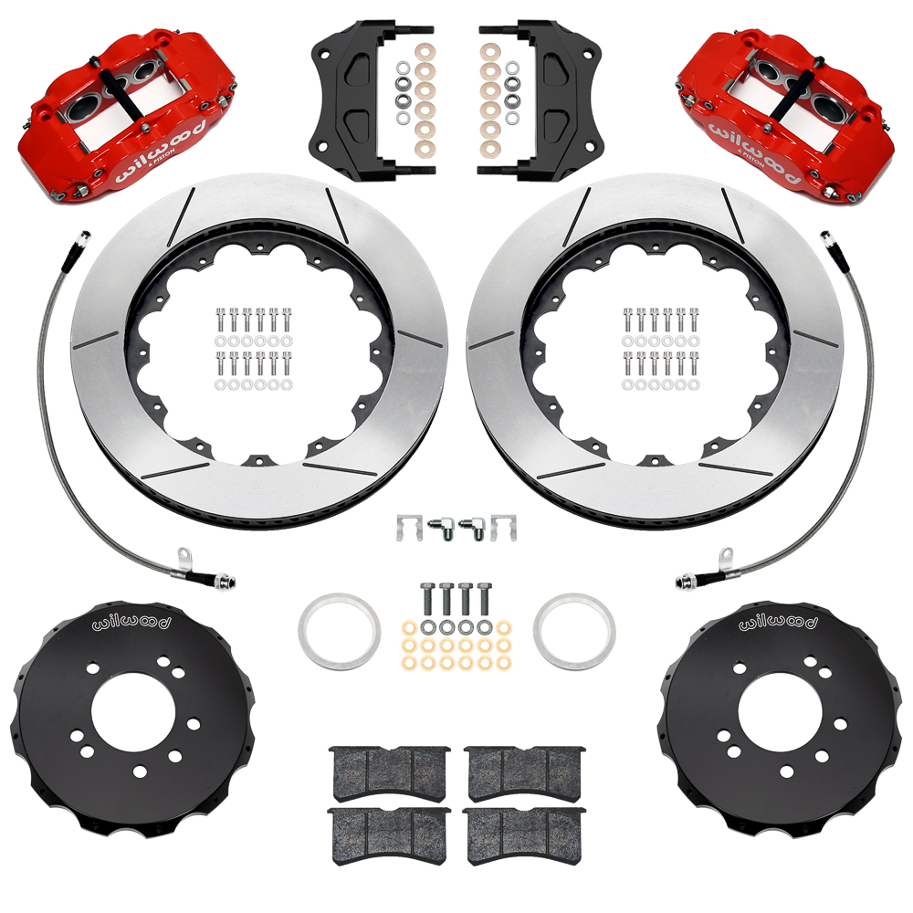 Wilwood Forged Narrow Superlite 6R Big Brake Front Brake Kit (Hat) Parts Laid Out - Red Powder Coat Caliper - GT Slotted Rotor