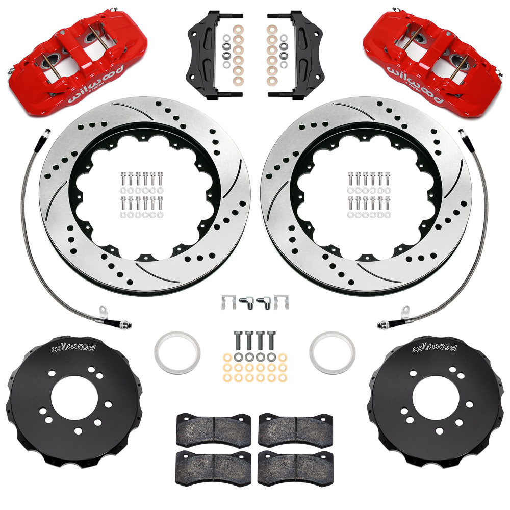 Wilwood AERO6 Big Brake Front Brake Kit Parts Laid Out - Red Powder Coat Caliper - SRP Drilled & Slotted Rotor