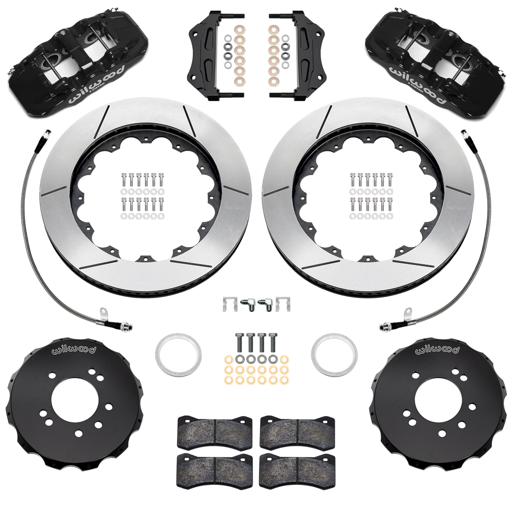Wilwood AERO6 Big Brake Front Brake Kit Parts Laid Out - Black Powder Coat Caliper - GT Slotted Rotor