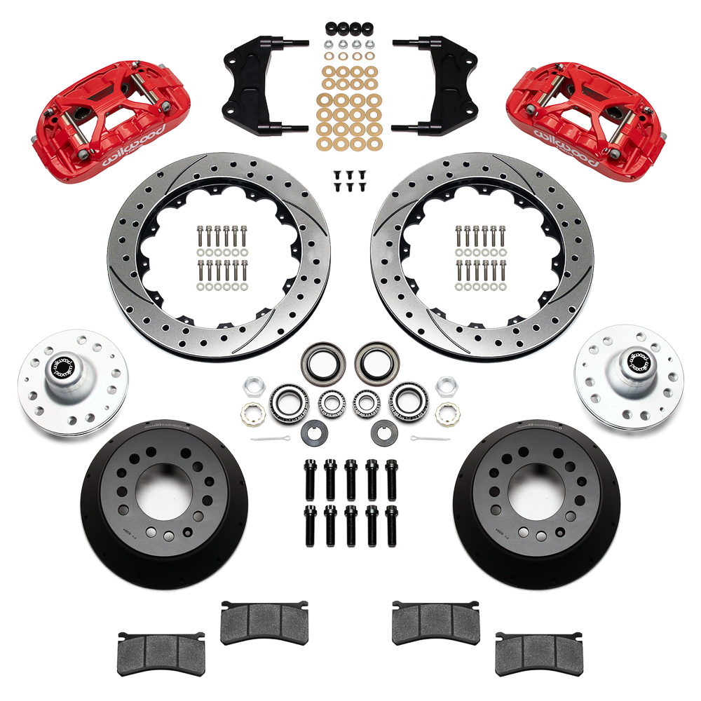 Wilwood Forged XRS6R Big Brake Front Brake Kit (Hub) Parts Laid Out - Red Powder Coat Caliper - SRP Drilled & Slotted Rotor