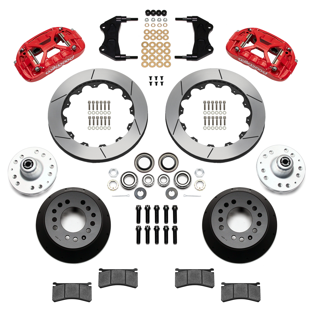 Wilwood Forged XRS6R Big Brake Front Brake Kit (Hub) Parts Laid Out - Red Powder Coat Caliper - GT Slotted Rotor