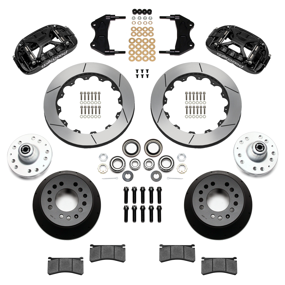 Wilwood Forged XRS6R Big Brake Front Brake Kit (Hub) Parts Laid Out - Black Powder Coat Caliper - GT Slotted Rotor