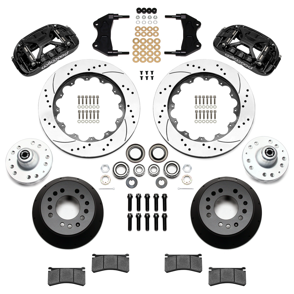 Wilwood Forged XRS6R Big Brake Front Brake Kit (Hub) Parts Laid Out - Black Powder Coat Caliper - SRP Drilled & Slotted Rotor