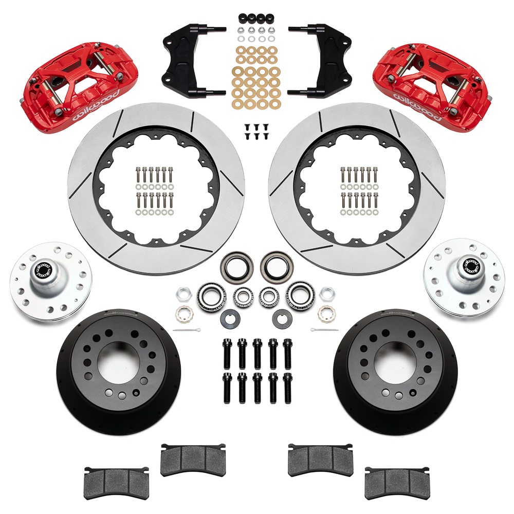 Wilwood Forged XRS6R Big Brake Front Brake Kit (Hub) Parts Laid Out - Red Powder Coat Caliper - GT Slotted Rotor