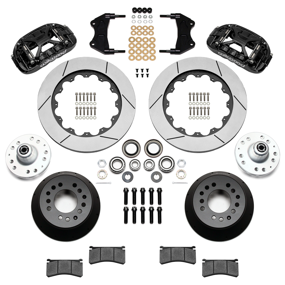 Wilwood Forged XRS6R Big Brake Front Brake Kit (Hub) Parts Laid Out - Black Powder Coat Caliper - GT Slotted Rotor
