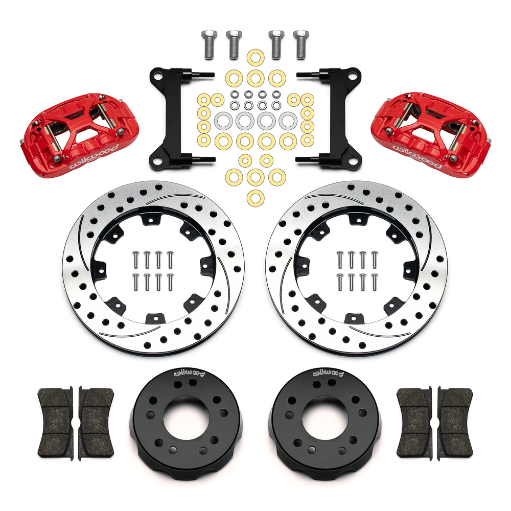 Wilwood Forged XRS6R Big Brake Front Brake Kit (Hat) Parts Laid Out - Red Powder Coat Caliper - SRP Drilled & Slotted Rotor