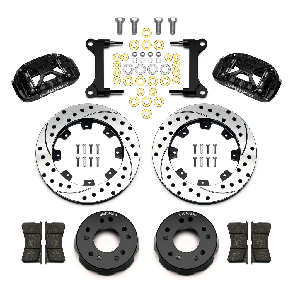Wilwood Forged XRS6R Big Brake Front Brake Kit (Hat) Parts Laid Out - Black Powder Coat Caliper - SRP Drilled & Slotted Rotor