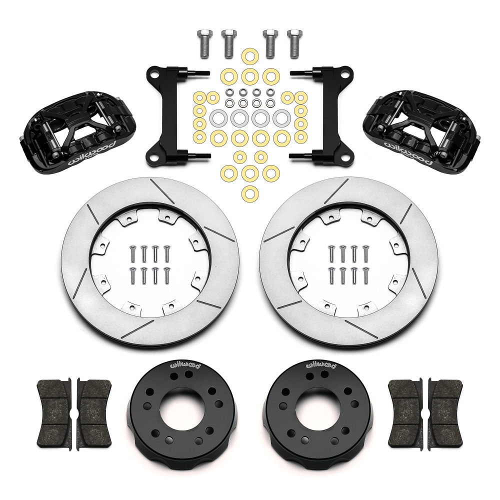 Wilwood Forged XRS6R Big Brake Front Brake Kit (Hat) Parts Laid Out - Black Powder Coat Caliper - GT Slotted Rotor