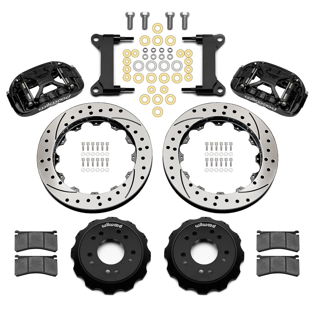 Wilwood Forged XRS6R Big Brake Front Brake Kit (Hat) Parts Laid Out - Black Powder Coat Caliper - SRP Drilled & Slotted Rotor