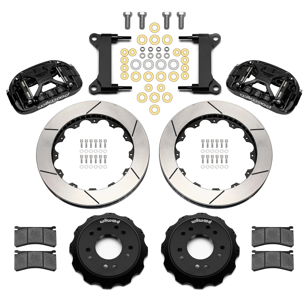 Wilwood Forged XRS6R Big Brake Front Brake Kit (Hat) Parts Laid Out - Black Powder Coat Caliper - GT Slotted Rotor