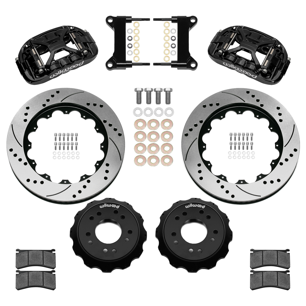 Wilwood Forged XRS6R Big Brake Front Brake Kit (Hat) Parts Laid Out - Black Powder Coat Caliper - SRP Drilled & Slotted Rotor