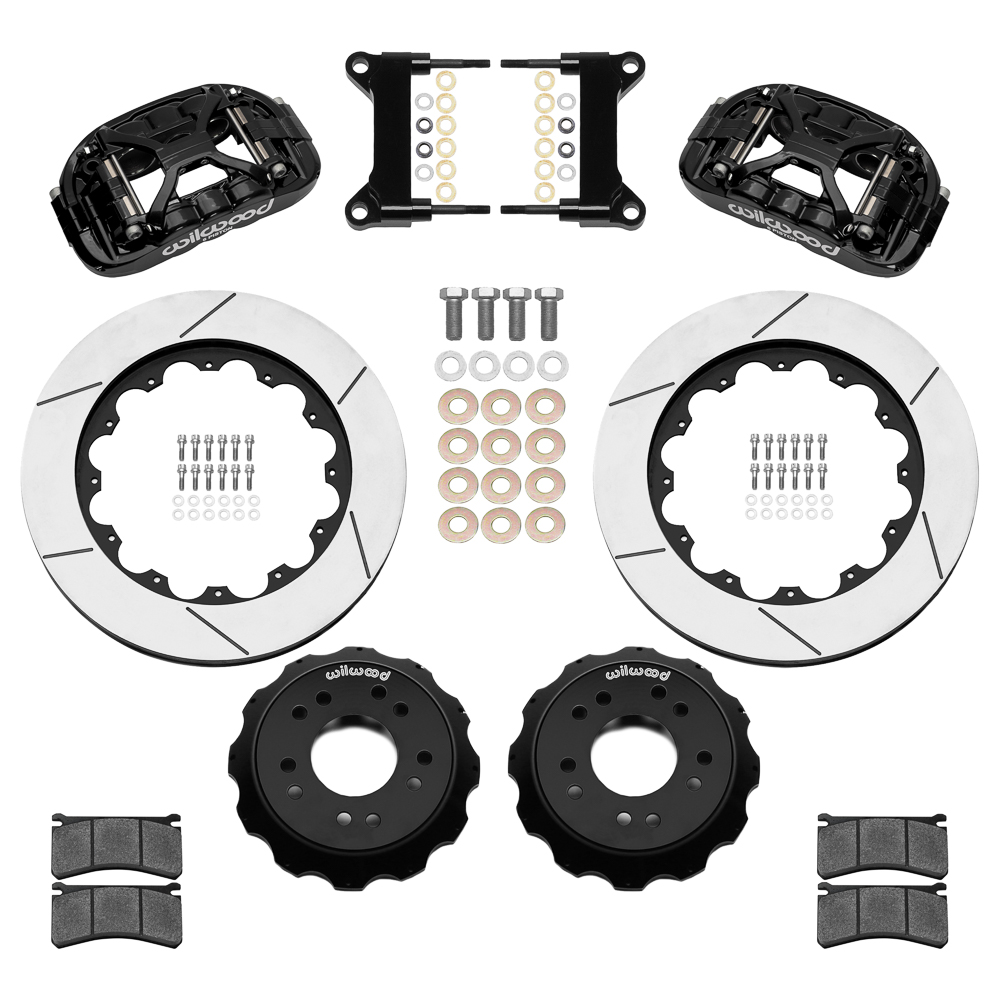 Wilwood Forged XRS6R Big Brake Front Brake Kit (Hat) Parts Laid Out - Black Powder Coat Caliper - GT Slotted Rotor