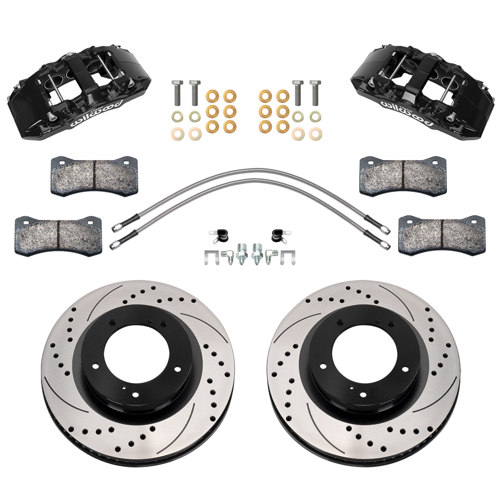 Wilwood AERO6-DM Direct-Mount Truck Front Brake Kit Parts Laid Out - Black Powder Coat Caliper