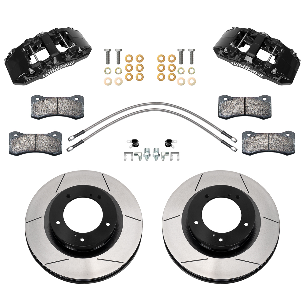 Wilwood AERO6-DM Direct-Mount Truck Front Brake Kit Parts Laid Out - Black Powder Coat Caliper