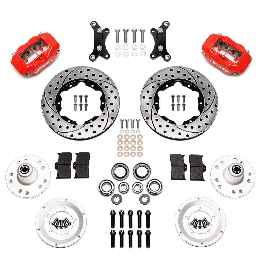 Wilwood Forged Dynalite Pro Series Front Brake Kit Parts Laid Out - Red Powder Coat Caliper - SRP Drilled & Slotted Rotor