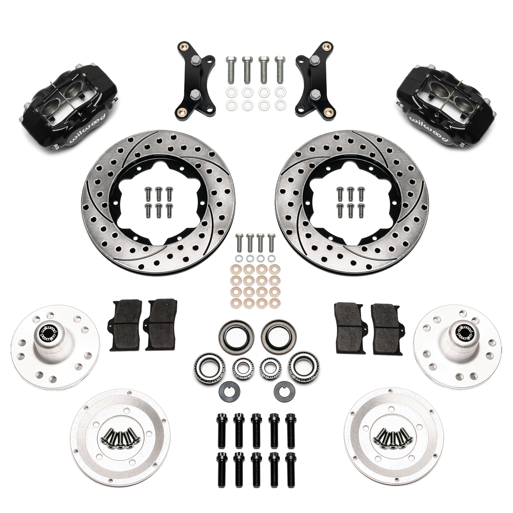 Wilwood Forged Dynalite Pro Series Front Brake Kit Parts Laid Out - Black Powder Coat Caliper - SRP Drilled & Slotted Rotor