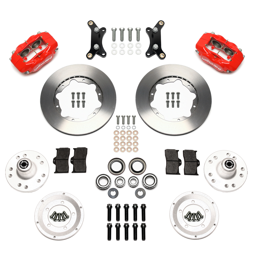 Wilwood Forged Dynalite Pro Series Front Brake Kit Parts Laid Out - Red Powder Coat Caliper - Plain Face Rotor