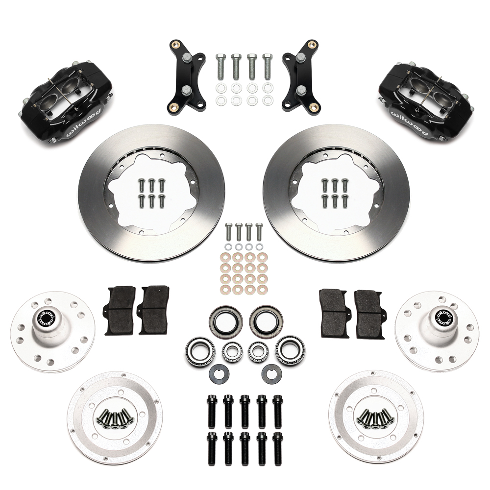 Wilwood Forged Dynalite Pro Series Front Brake Kit Parts Laid Out - Black Powder Coat Caliper - Plain Face Rotor