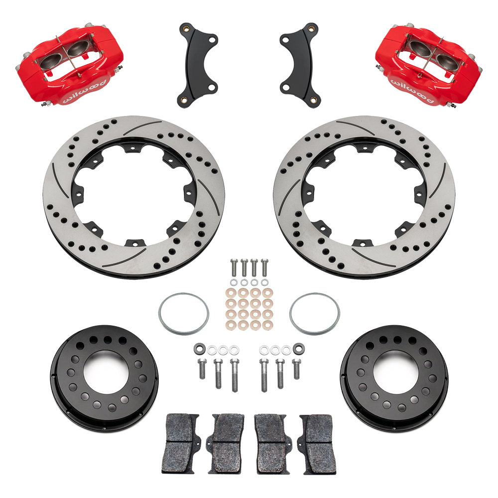 Wilwood Forged Dynalite Big Brake Front Brake Kit (Hat) Parts Laid Out - Red Powder Coat Caliper - SRP Drilled & Slotted Rotor