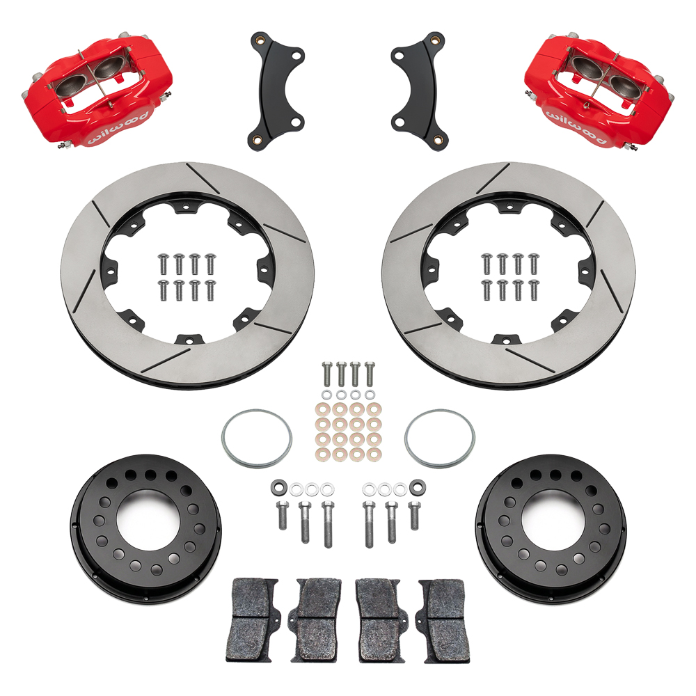 Wilwood Forged Dynalite Big Brake Front Brake Kit (Hat) Parts Laid Out - Red Powder Coat Caliper - GT Slotted Rotor