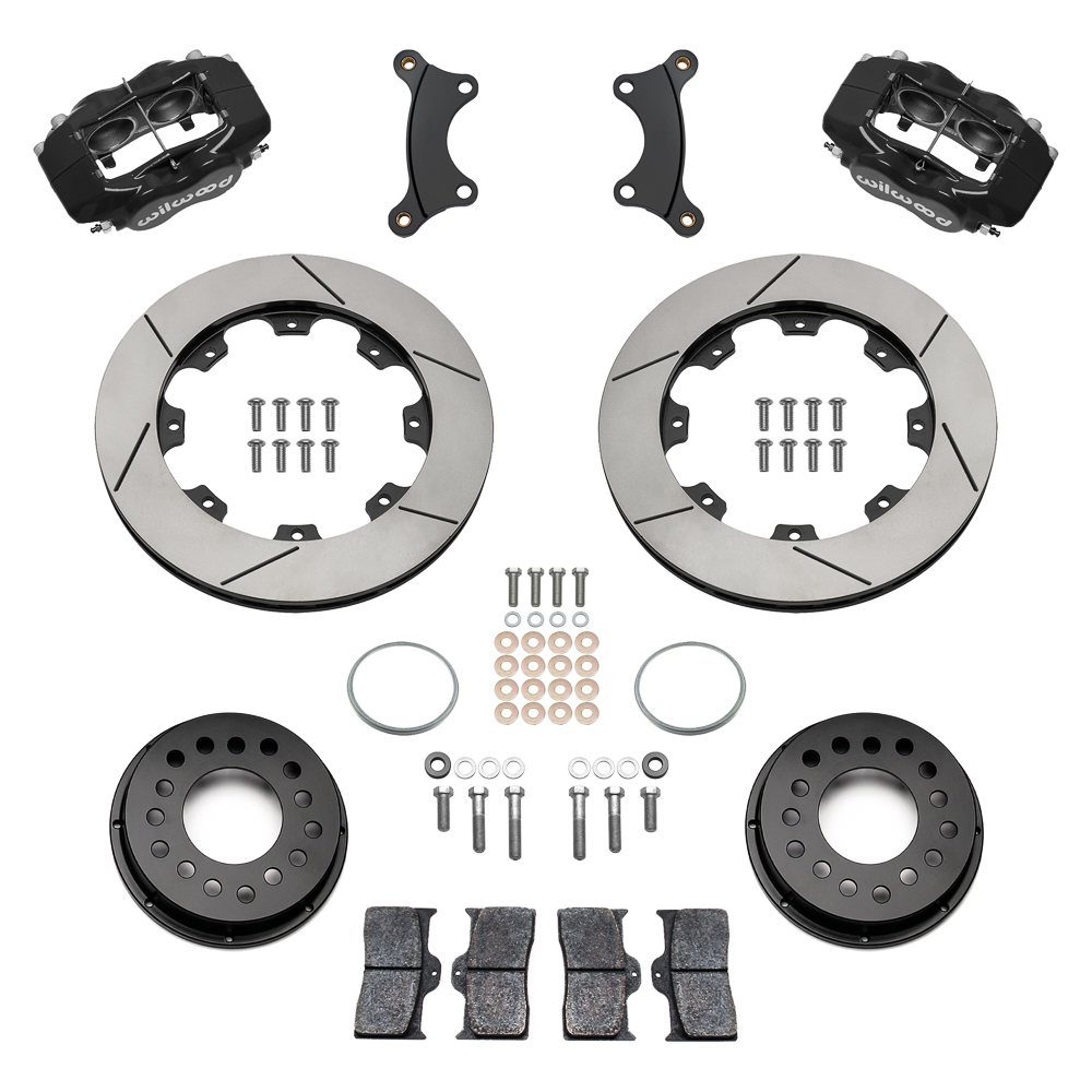 Wilwood Forged Dynalite Big Brake Front Brake Kit (Hat) Parts Laid Out - Black Powder Coat Caliper - GT Slotted Rotor